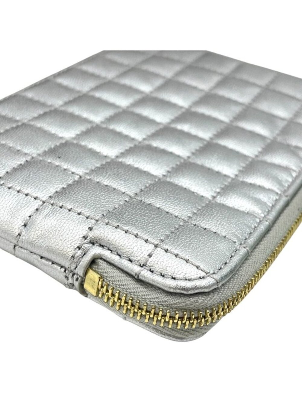 Celine C Charm Coin Purse Card Case Mini Pouch Quilted Leather Silver Simple - Picture 5 of 9